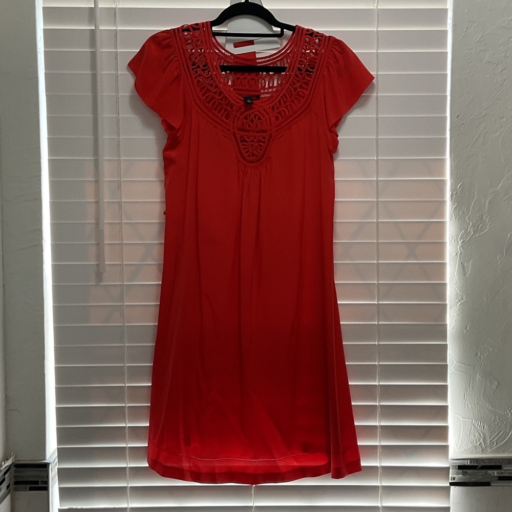 Banana Republic vibrant Orange 100% Silk Crochet Yoke belted Mini Dress